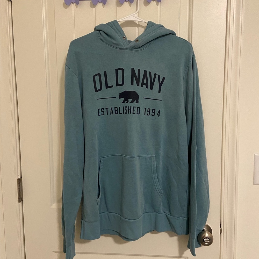 EUC Old Navy men’s blue decal hooded pullover sweatshirt large